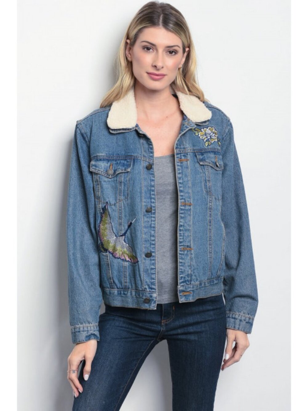 ASOS Lunik Embroidered Fleece Denim Jacket Size S M or L